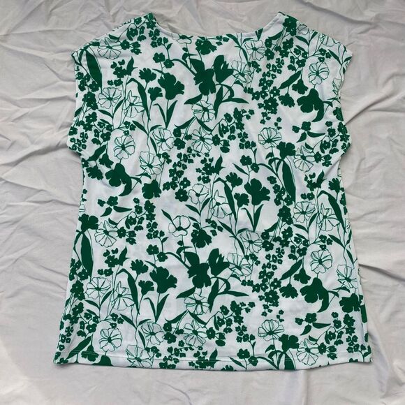 Liz Claiborne Early 2000's Whimsical White Green Gold Metal Neck Floral Blouse M - Picture 3 of 5